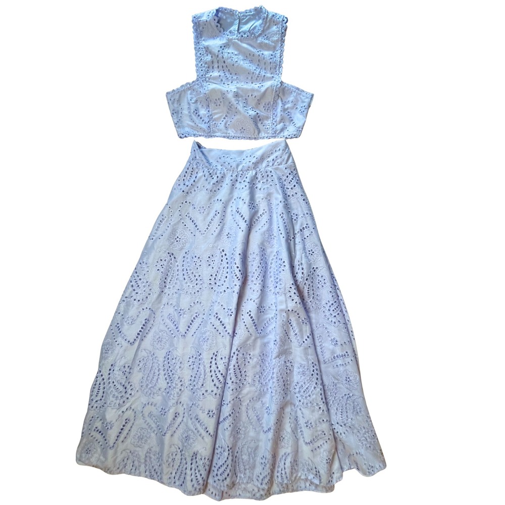 Vintage Y2K Top Skirt Set Size S Pastel Blue Eyelet Fairycore Romantic Dainty